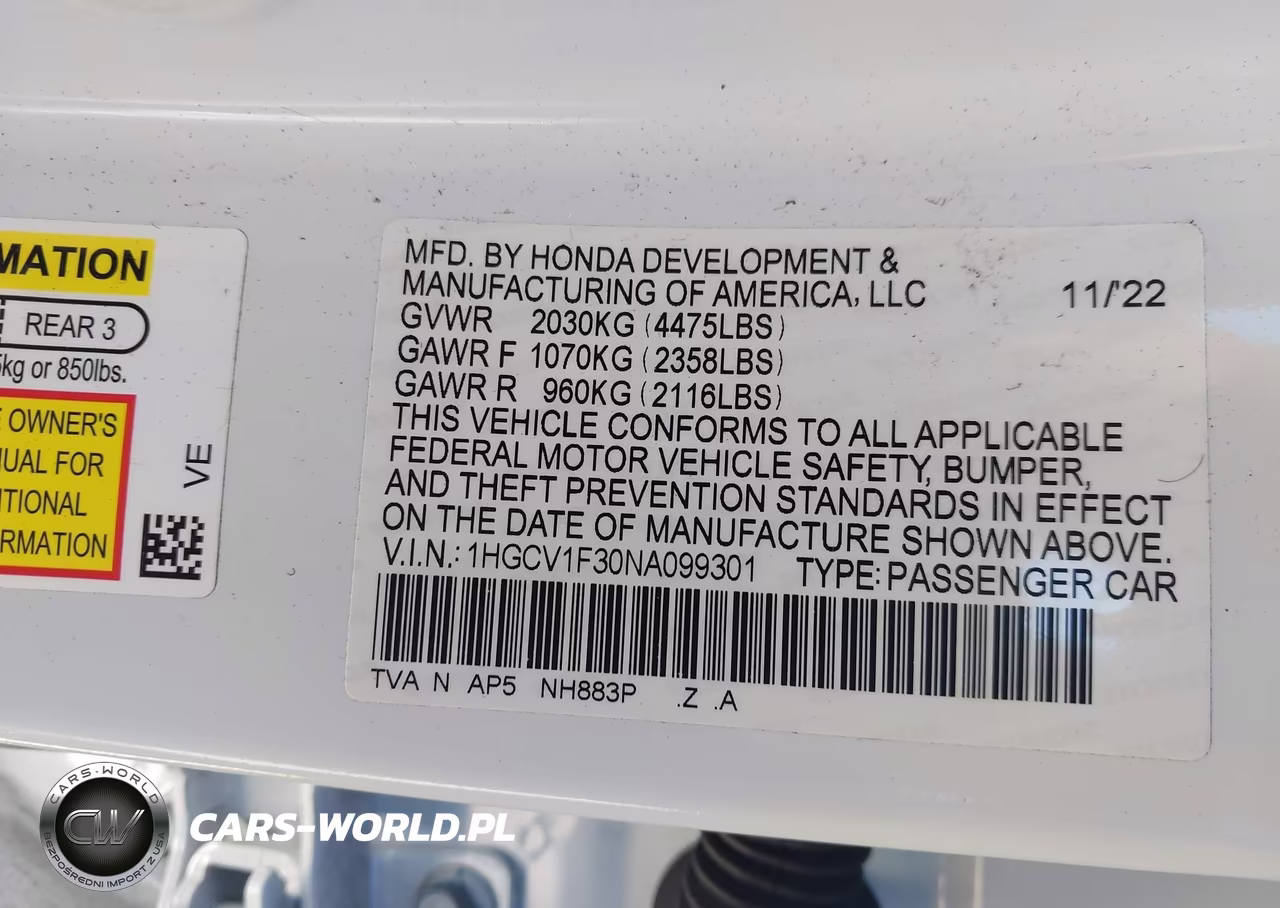 2022 Honda Accord Sport VIN:1HGCV1F30NA099301 - 9