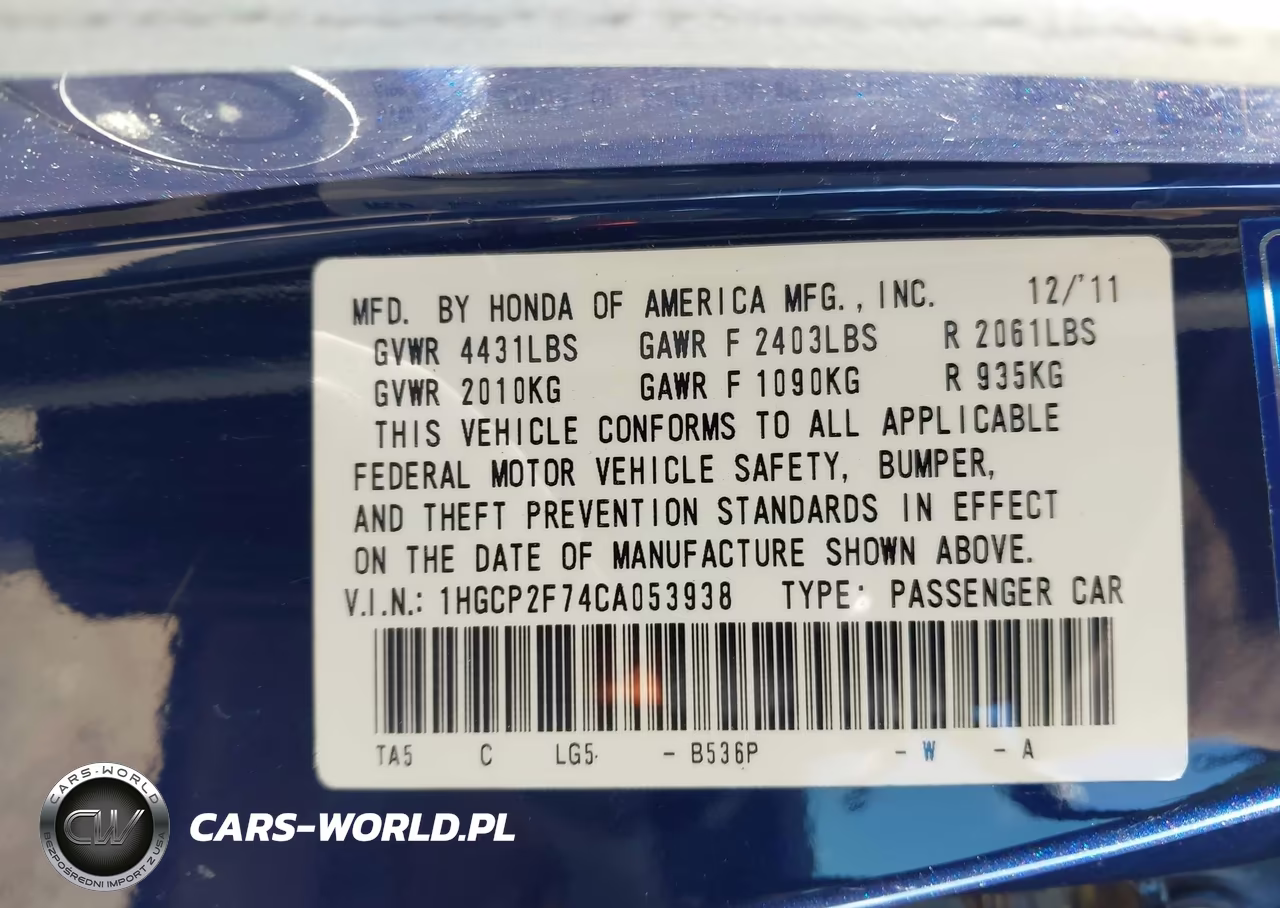 2012 Honda Accord 2.4 Ex VIN:1HGCP2F74CA053938 - 9