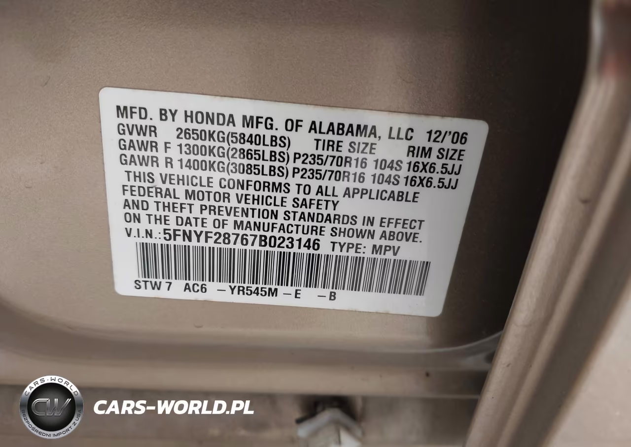 2007 Honda Pilot Ex-L VIN:5FNYF28767B023146 - 9
