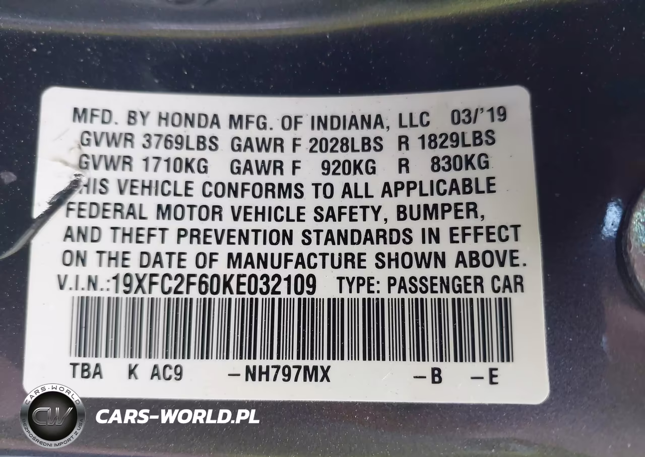 2019 HONDA CIVIC LX VIN:19XFC2F60KE032109 - 9