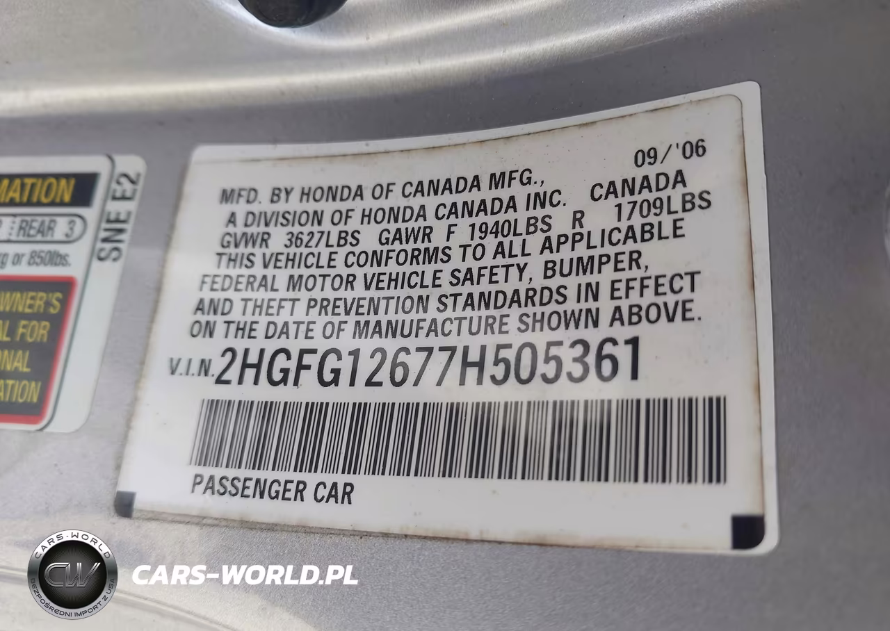 2007 Honda Civic Lx VIN:2HGFG12677H505361 - 9