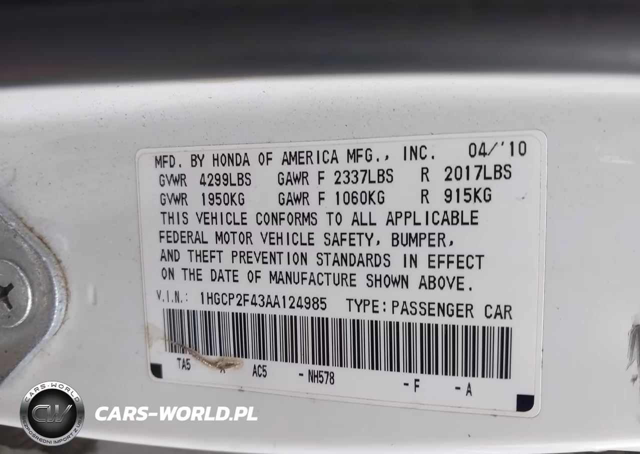 2010 Honda Accord 2.4 Lx-P VIN:1HGCP2F43AA124985 - 9