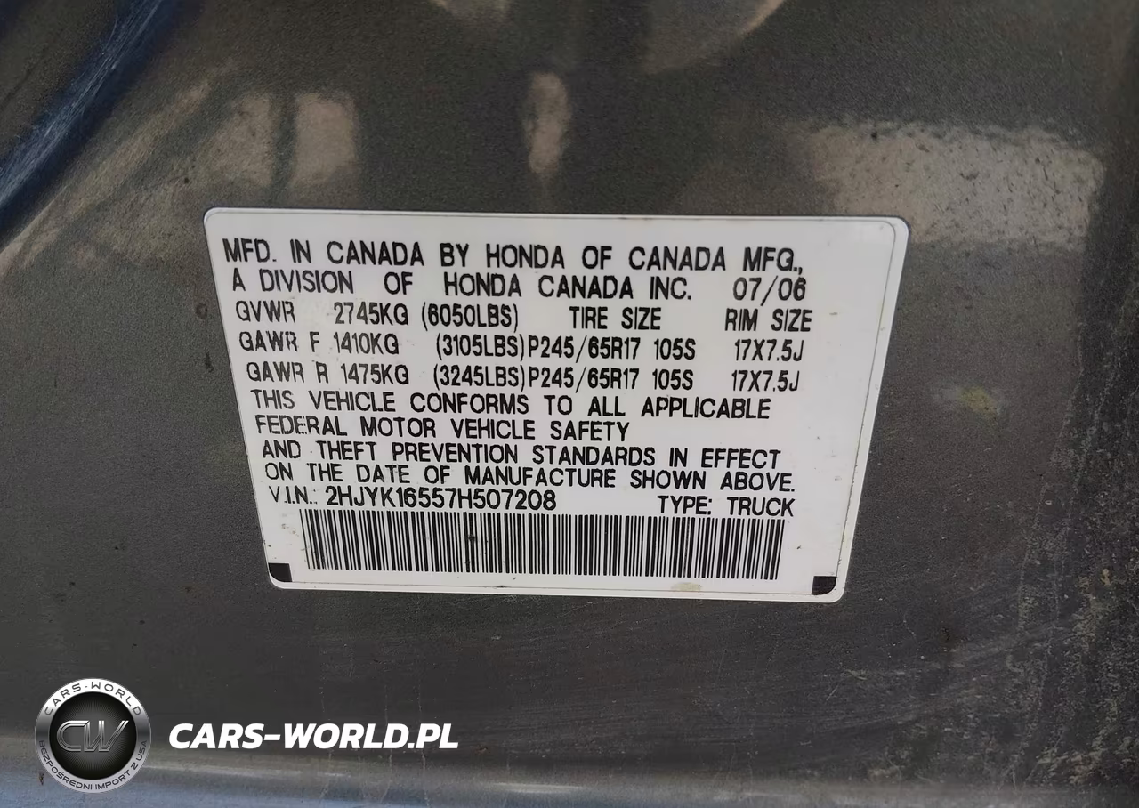 2007 Honda Ridgeline Rtl VIN:2HJYK16557H507208 - 9