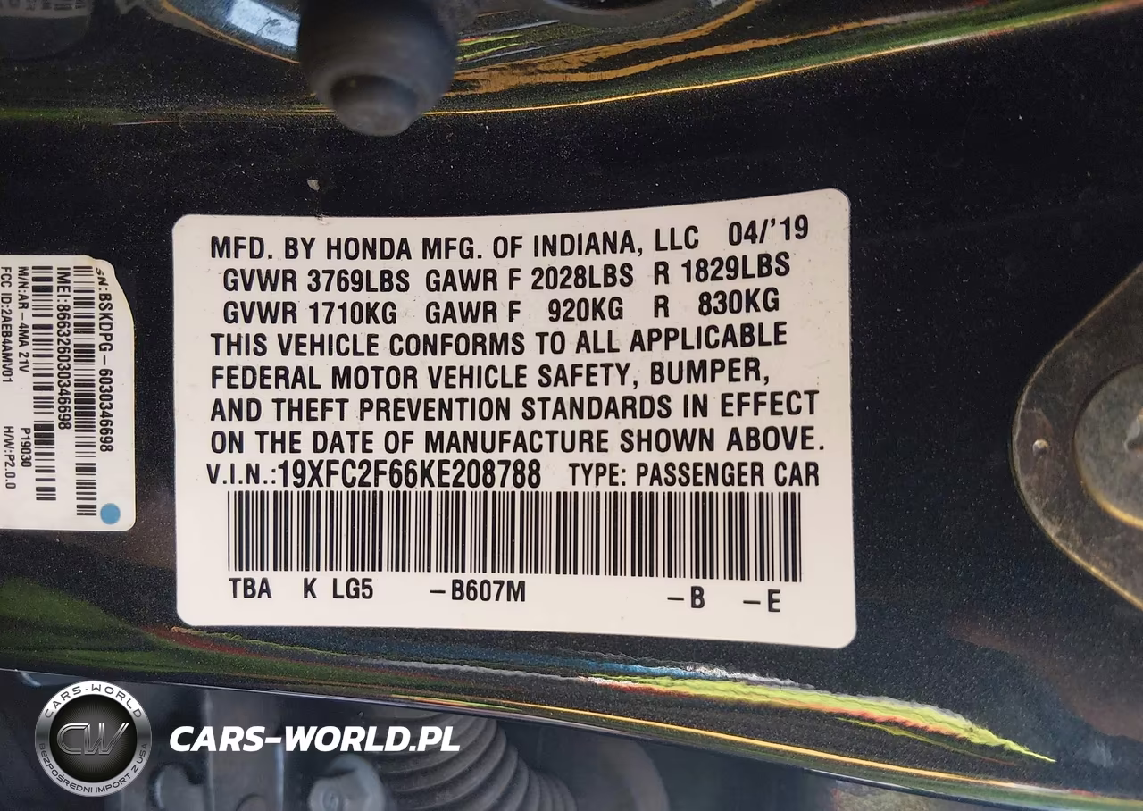 2019 Honda Civic Lx VIN:19XFC2F66KE208788 - 9