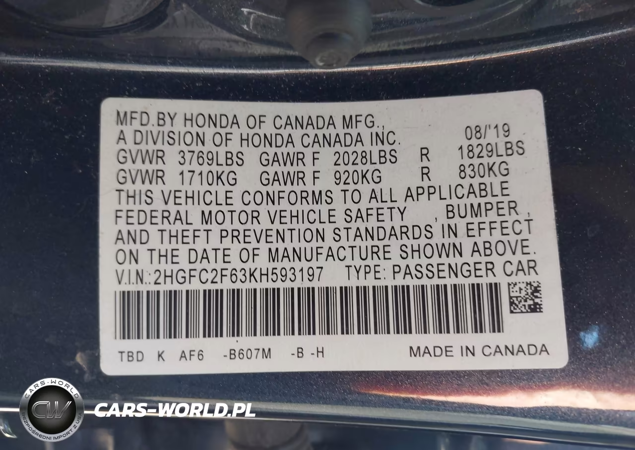 2019 Honda Civic Lx VIN:2HGFC2F63KH593197 - 9