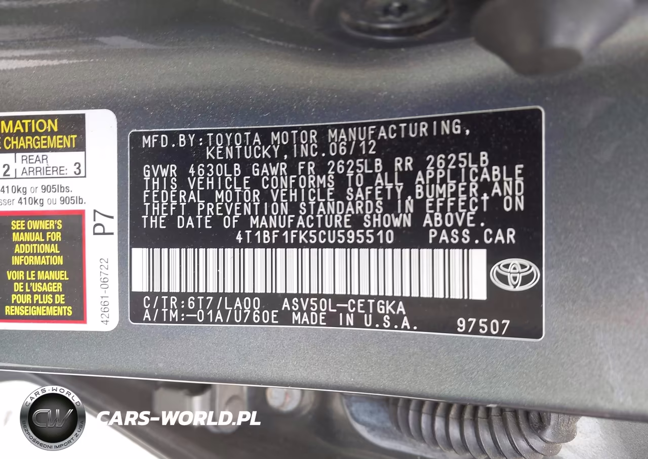 2012 Toyota Camry Xle VIN:4T1BF1FK5CU595510 - 9