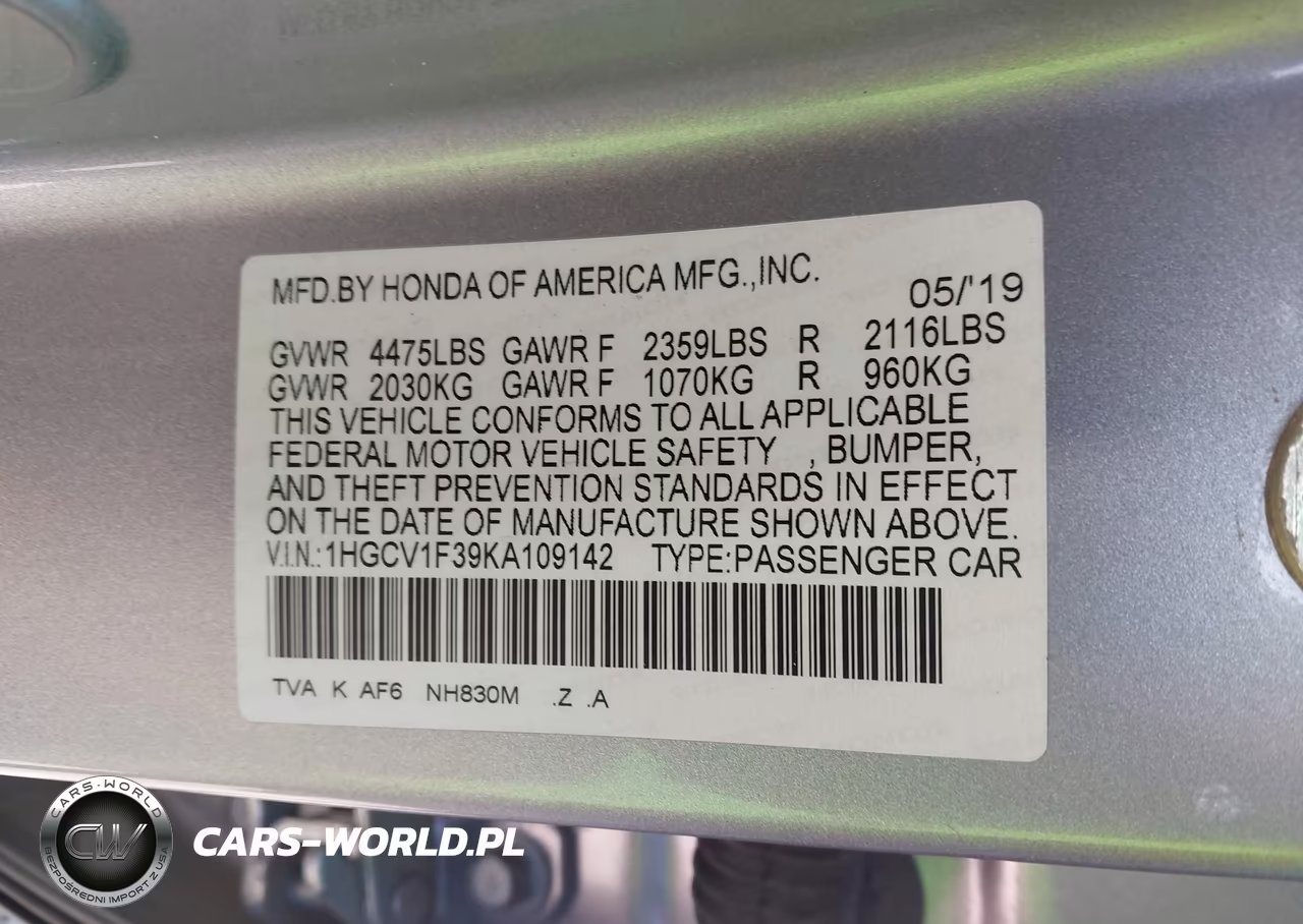 2019 Honda Accord Sport VIN:1HGCV1F39KA109142 - 9