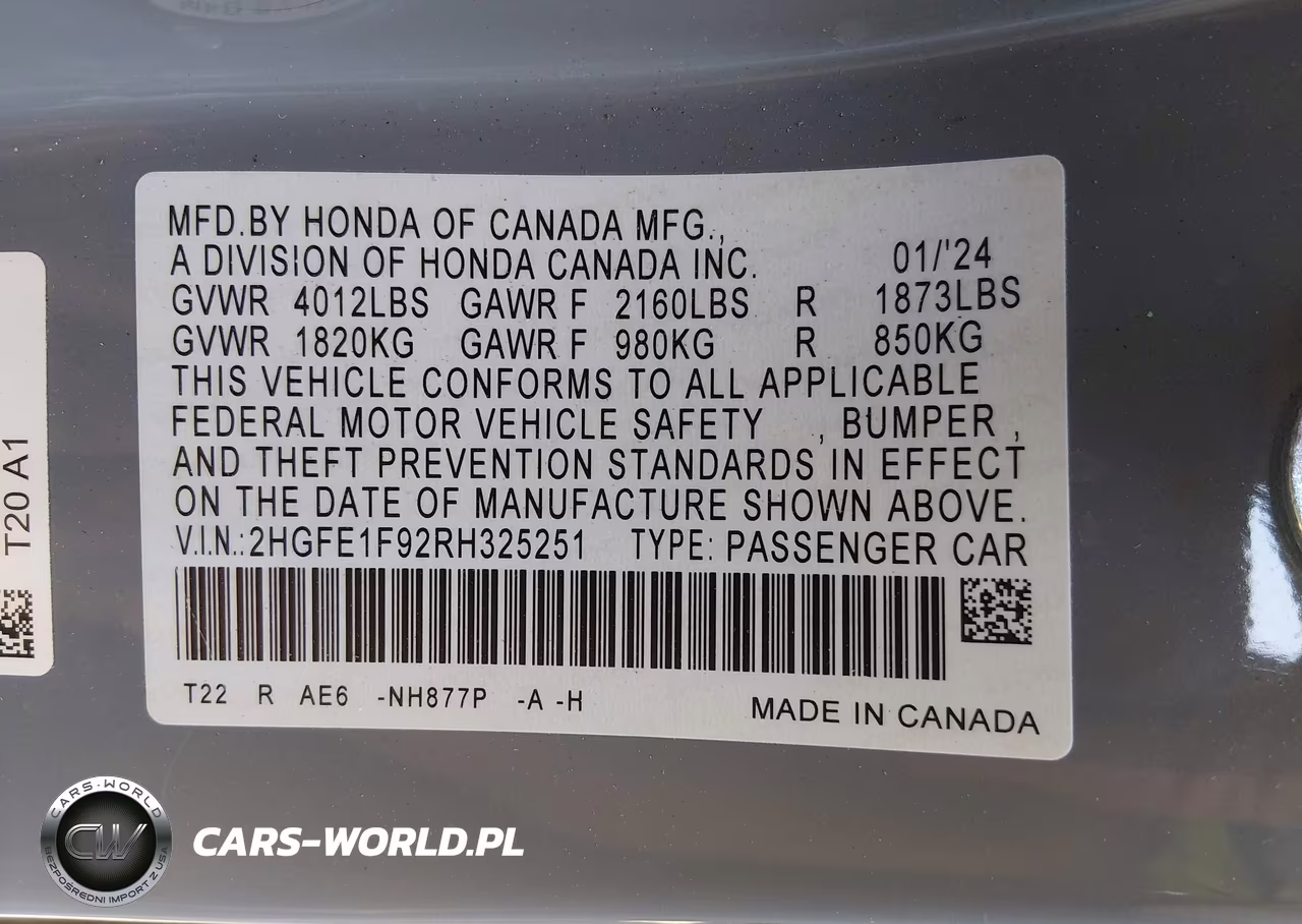 2024 Honda Civic Touring VIN:2HGFE1F92RH325251 - 9