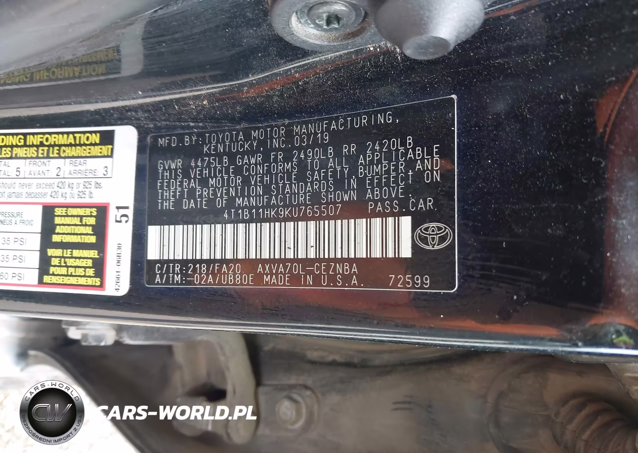 2019 Toyota Camry Le VIN:4T1B11HK9KU765507 - 9