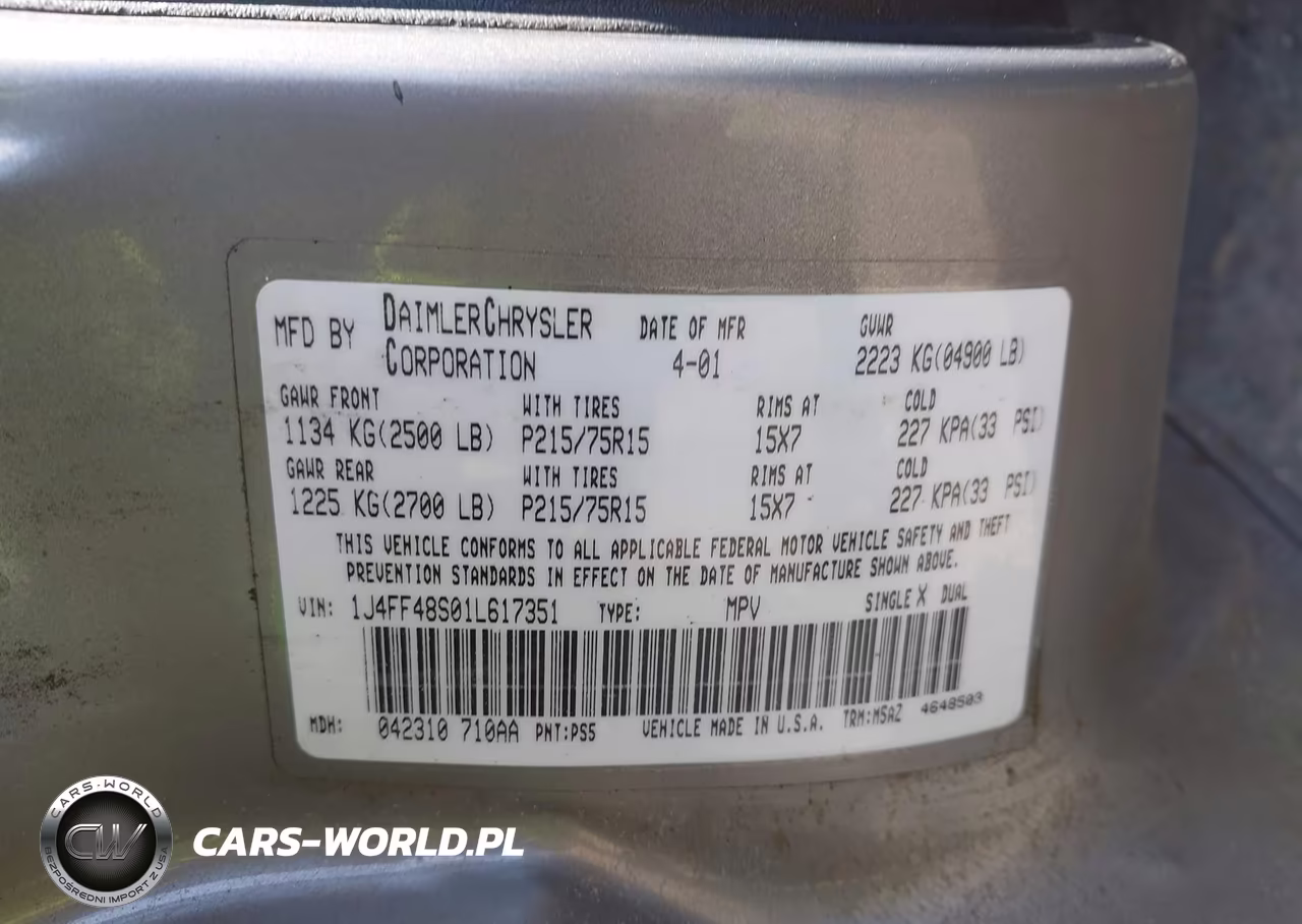 2001 Jeep Cherokee Sport VIN:1J4FF48S01L617351 - 9