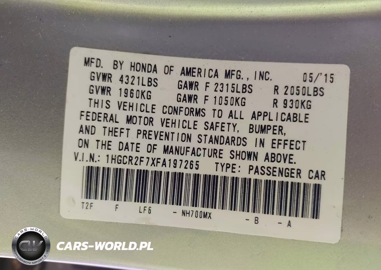2015 Honda Accord Ex VIN:1HGCR2F7XFA197265 - 9