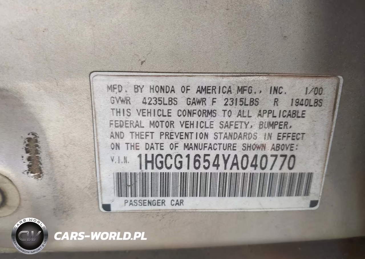 2000 Honda Accord 3.0 Ex VIN:1HGCG1654YA040770 - 9