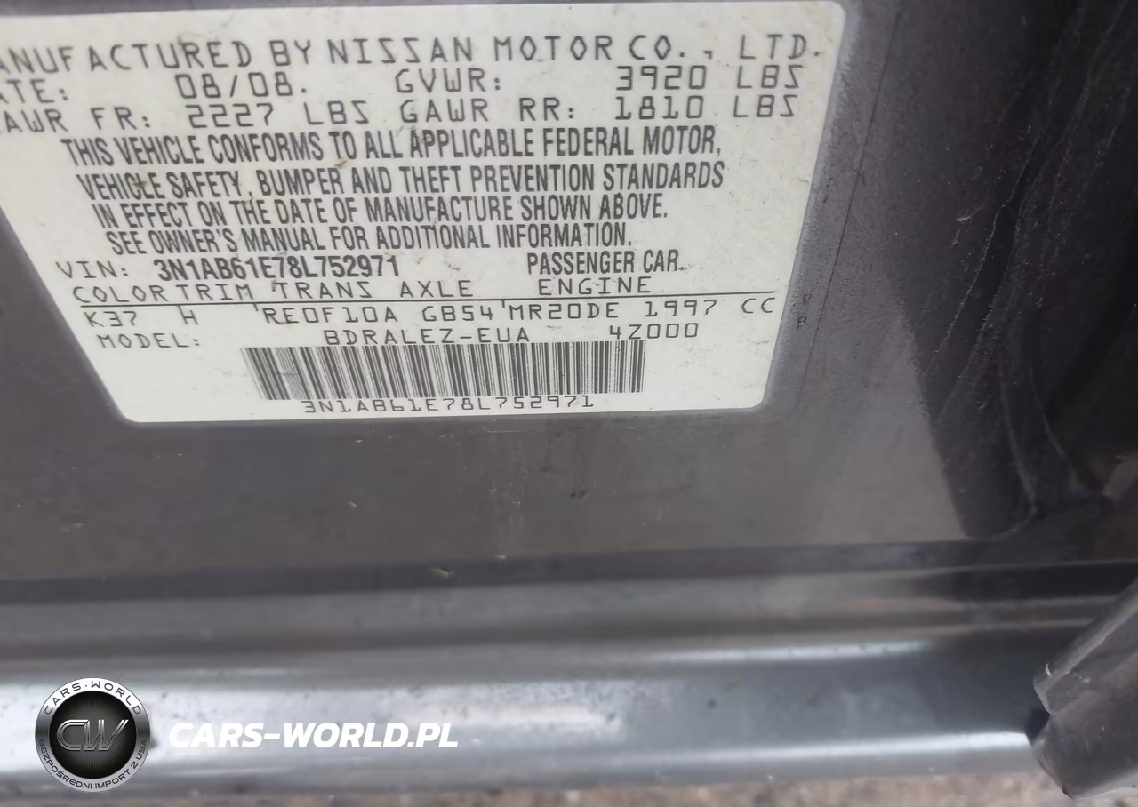 2008 Nissan Sentra 2.0S VIN:3N1AB61E78L752971 - 9
