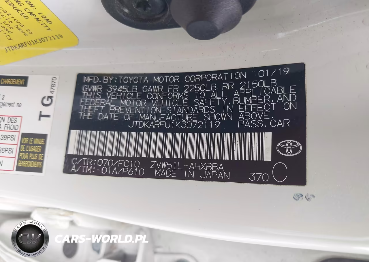 2019 Toyota Prius L Eco VIN:JTDKARFU1K3072119 - 9