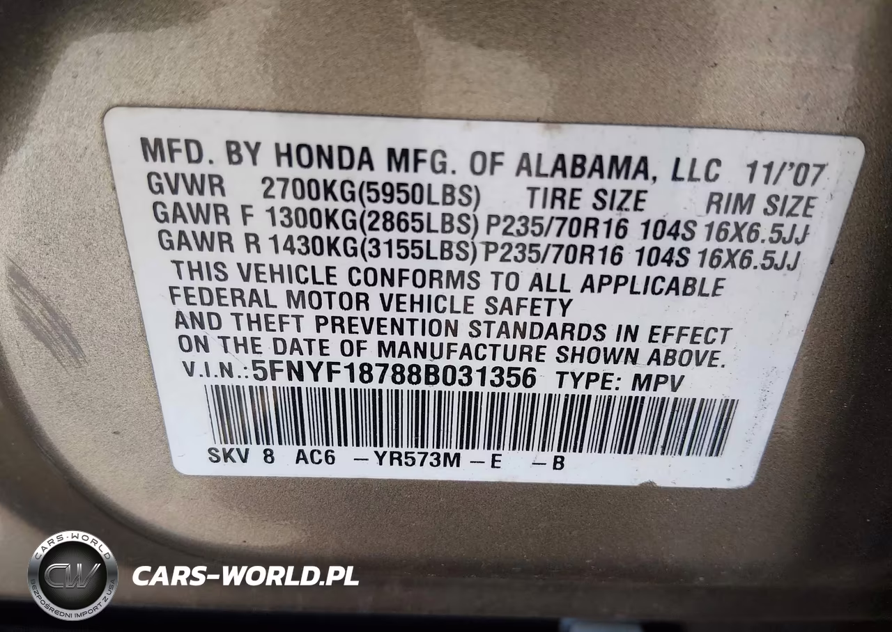 2008 Honda Pilot Ex-L VIN:5FNYF18788B031356 - 9
