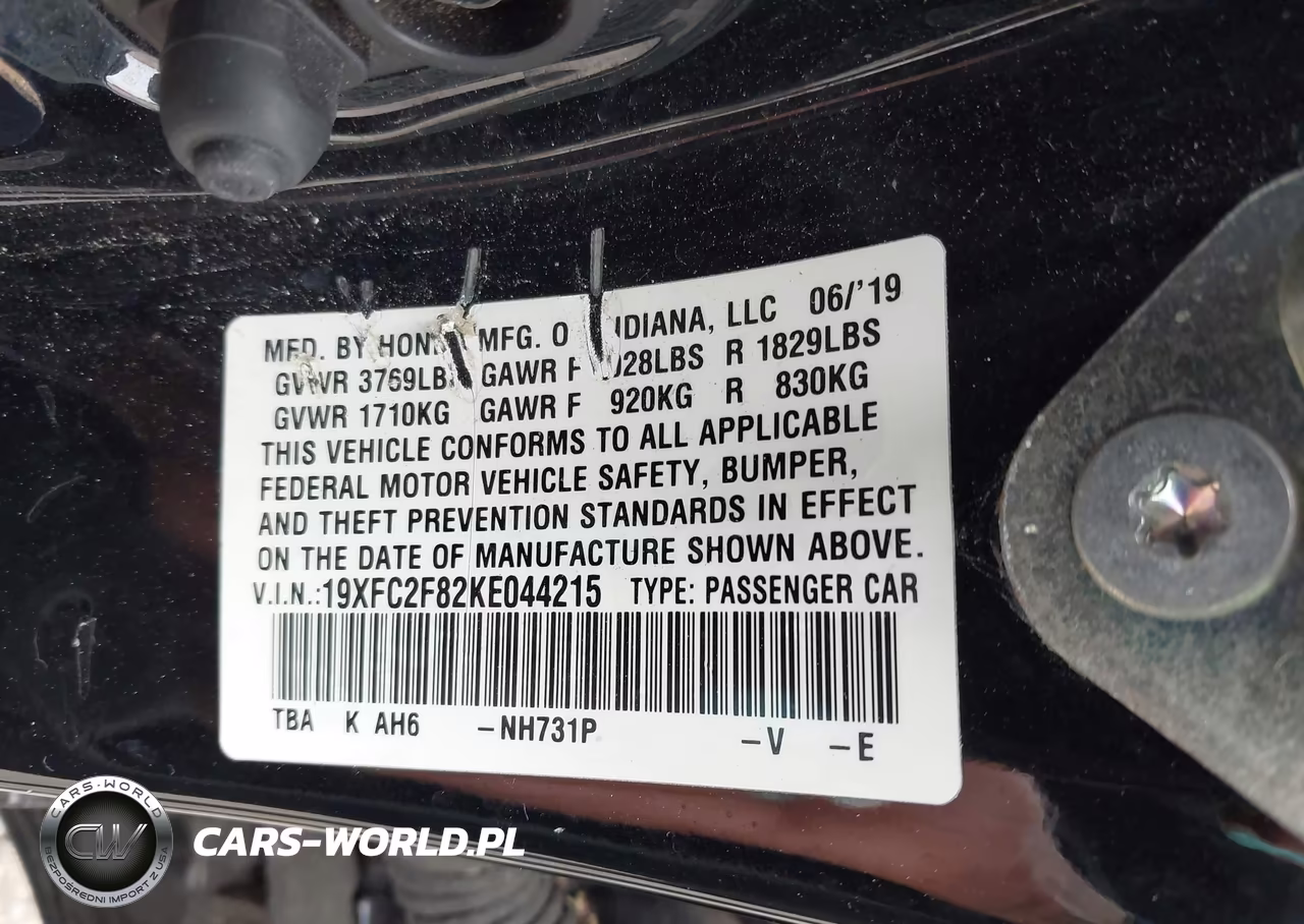 2019 Honda Civic Sport VIN:19XFC2F82KE044215 - 9