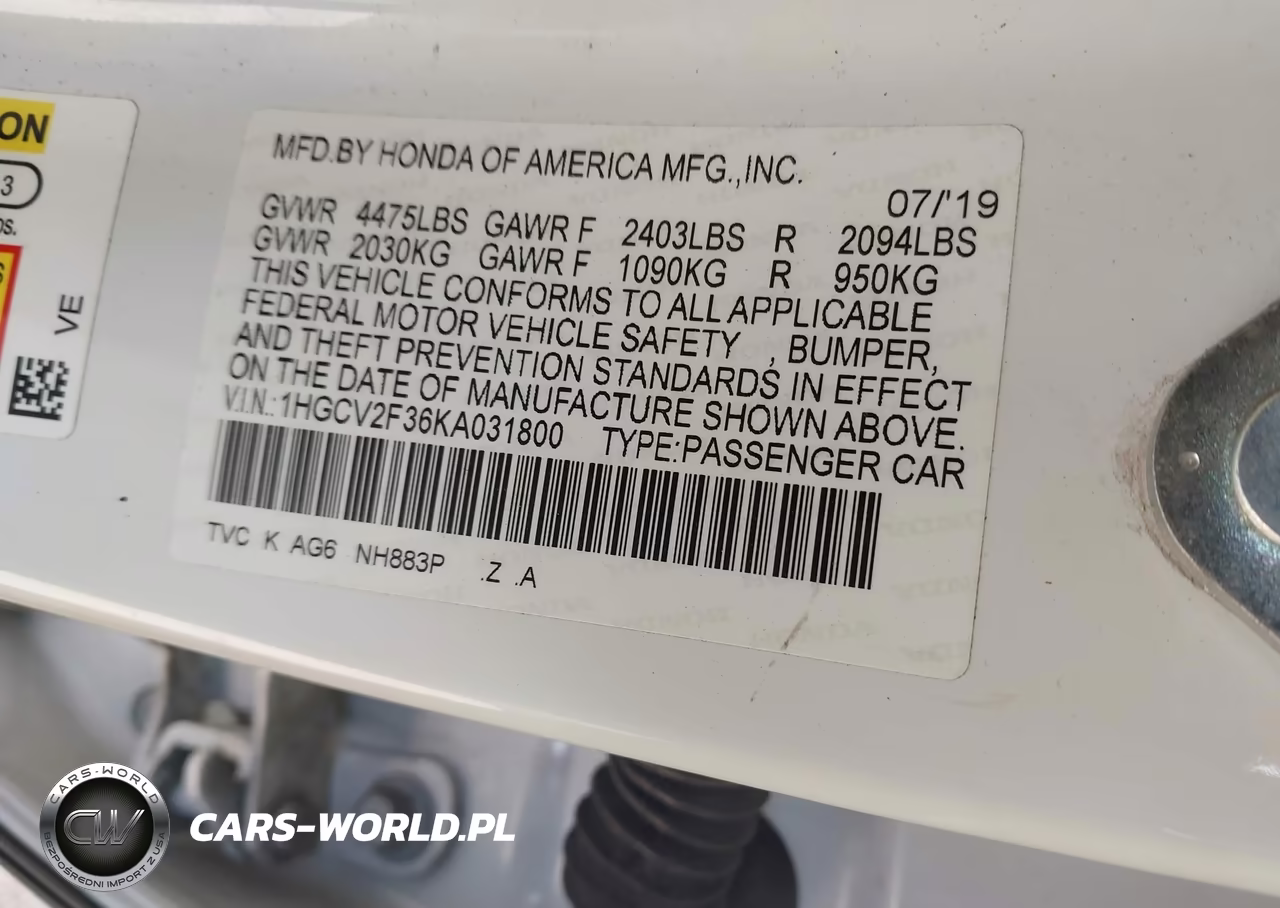 2019 Honda Accord Sport 2.0T VIN:1HGCV2F36KA031800 - 9