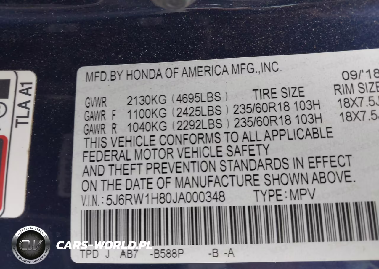 2018 Honda Cr-V Exl VIN:5J6RW1H80JA000348 - 9