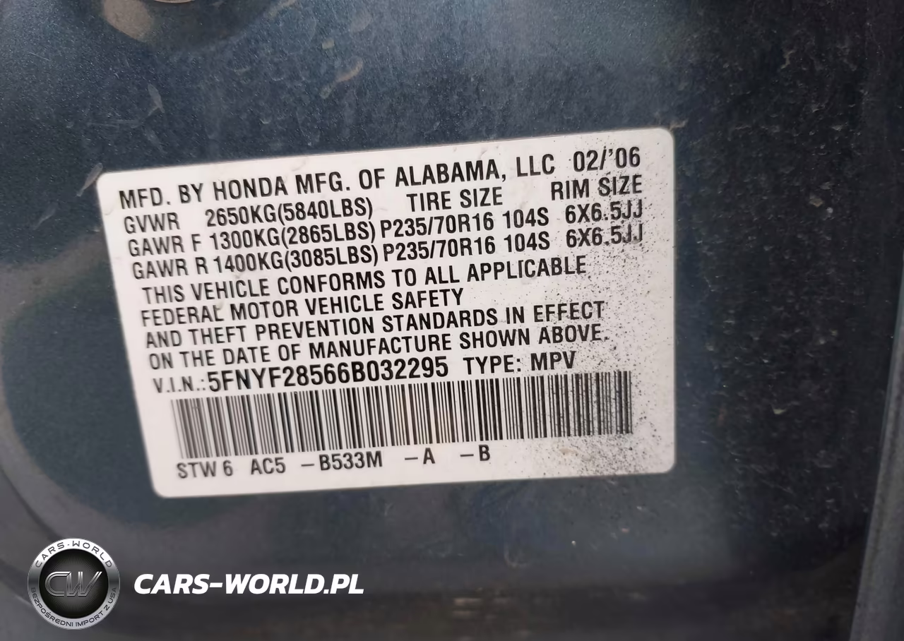 2006 Honda Pilot Ex-L VIN:5FNYF28566B032295 - 9