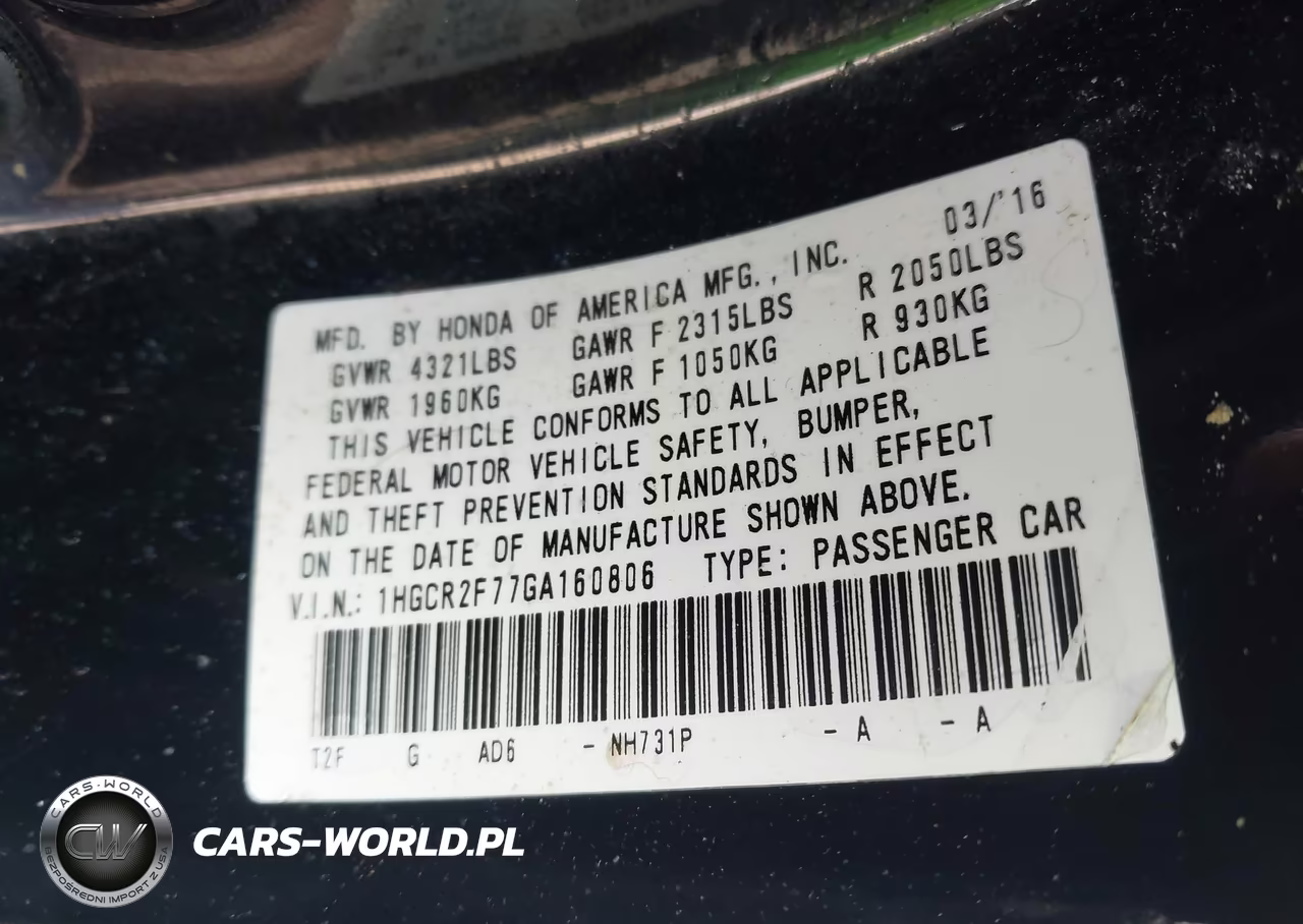2016 Honda Accord Ex VIN:1HGCR2F77GA160806 - 9