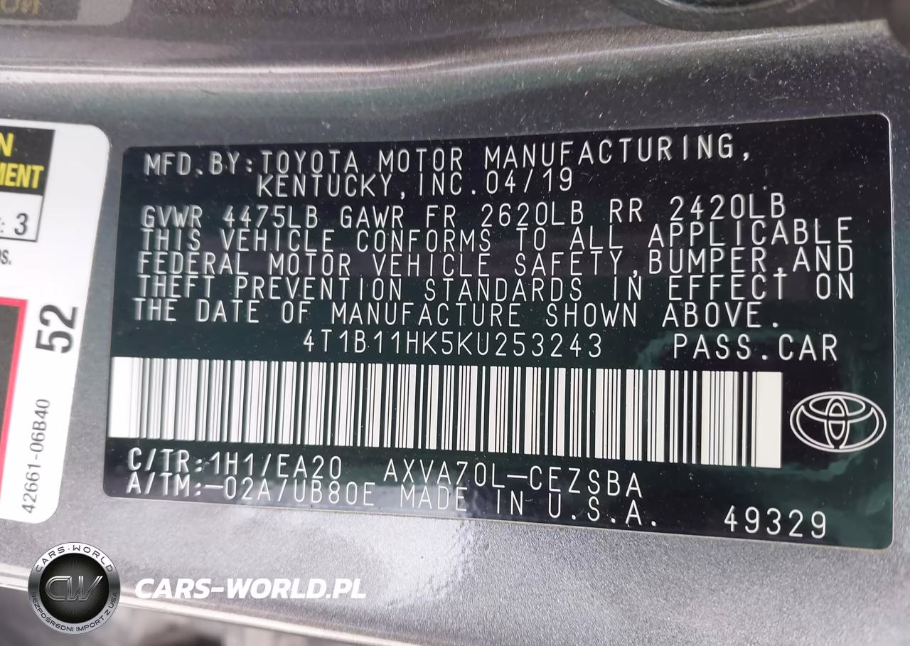 TOYOTA CAMRY L VIN:4T1B11HK5KU253243 - 9