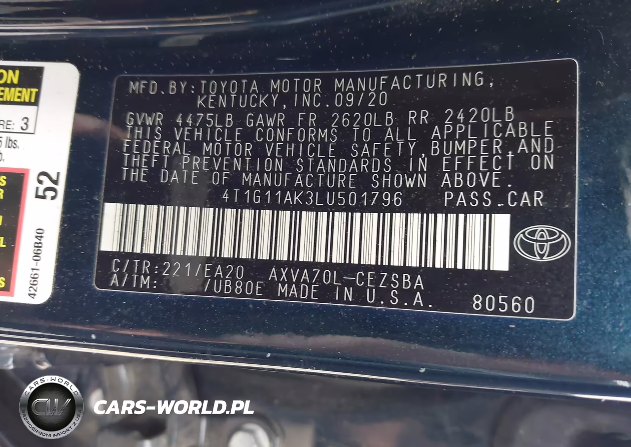 2020 Toyota Camry Se VIN:4T1G11AK3LU501796 - 9