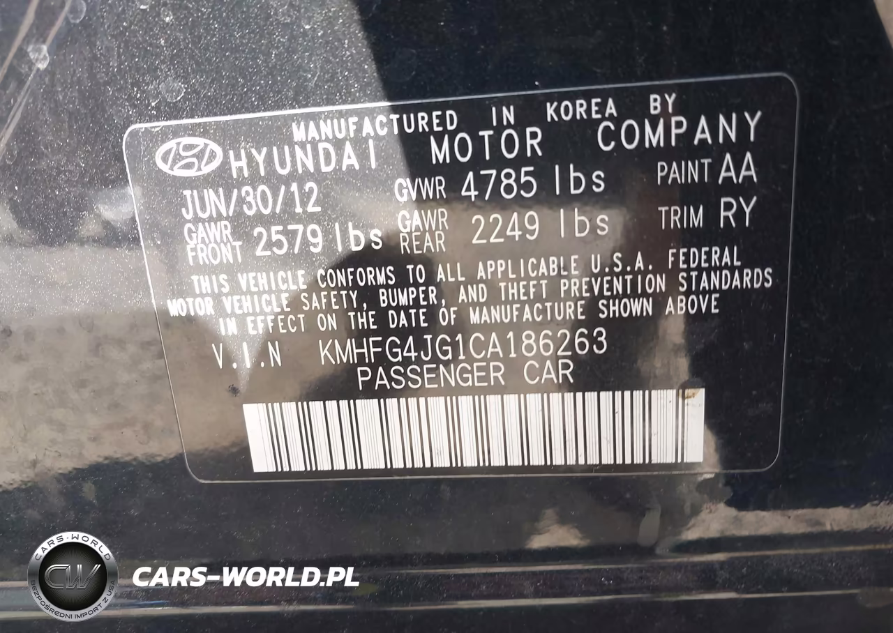 2012 Hyundai Azera VIN:KMHFG4JG1CA186263 - 9