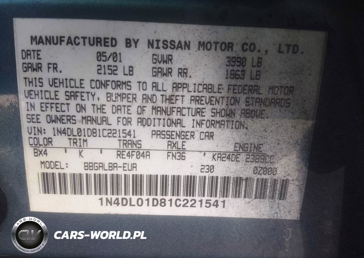 2001 Nissan Altima Gxe VIN:1N4DL01D81C221541 - 9