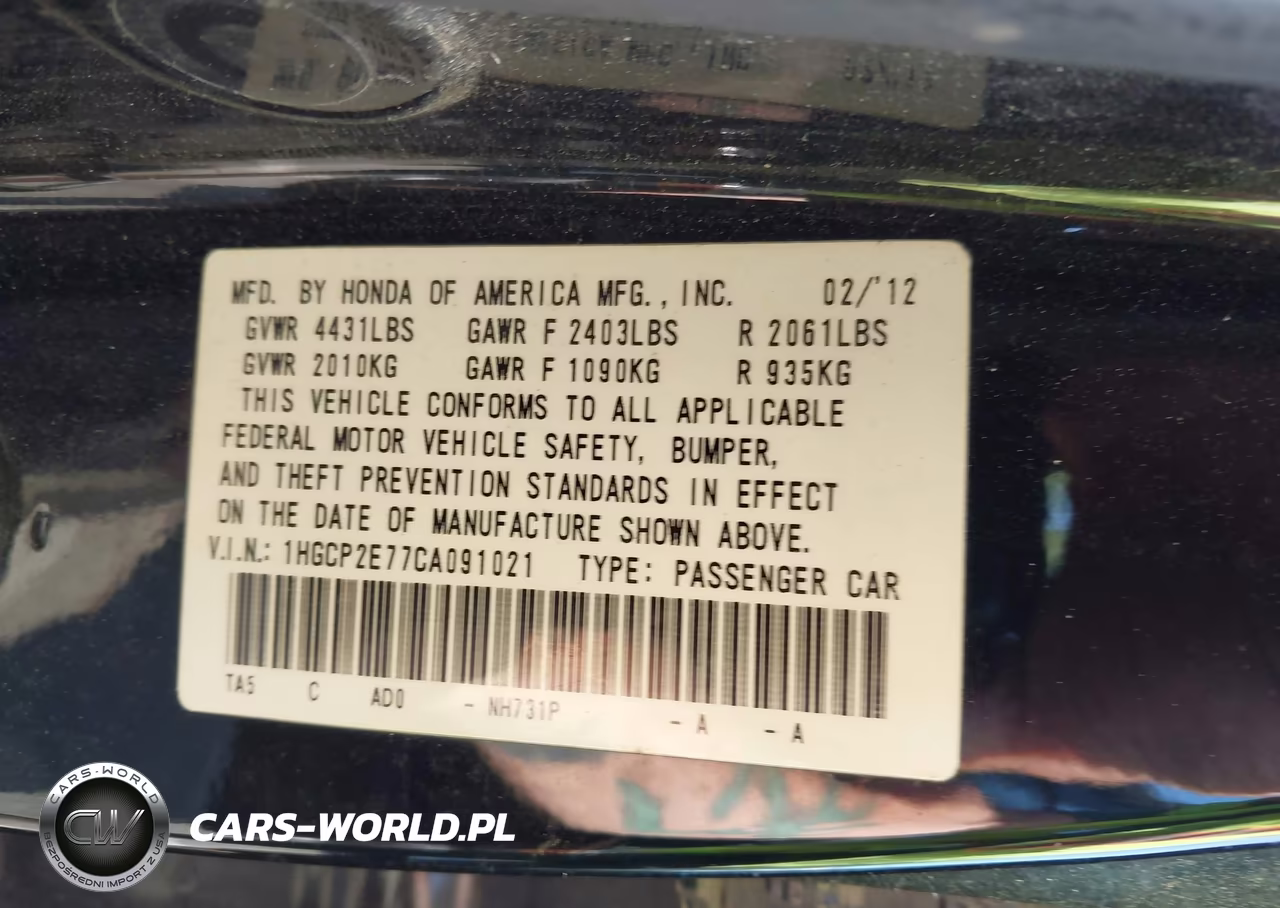 2012 Honda Accord 2.4 Ex VIN:1HGCP2E77CA091021 - 9