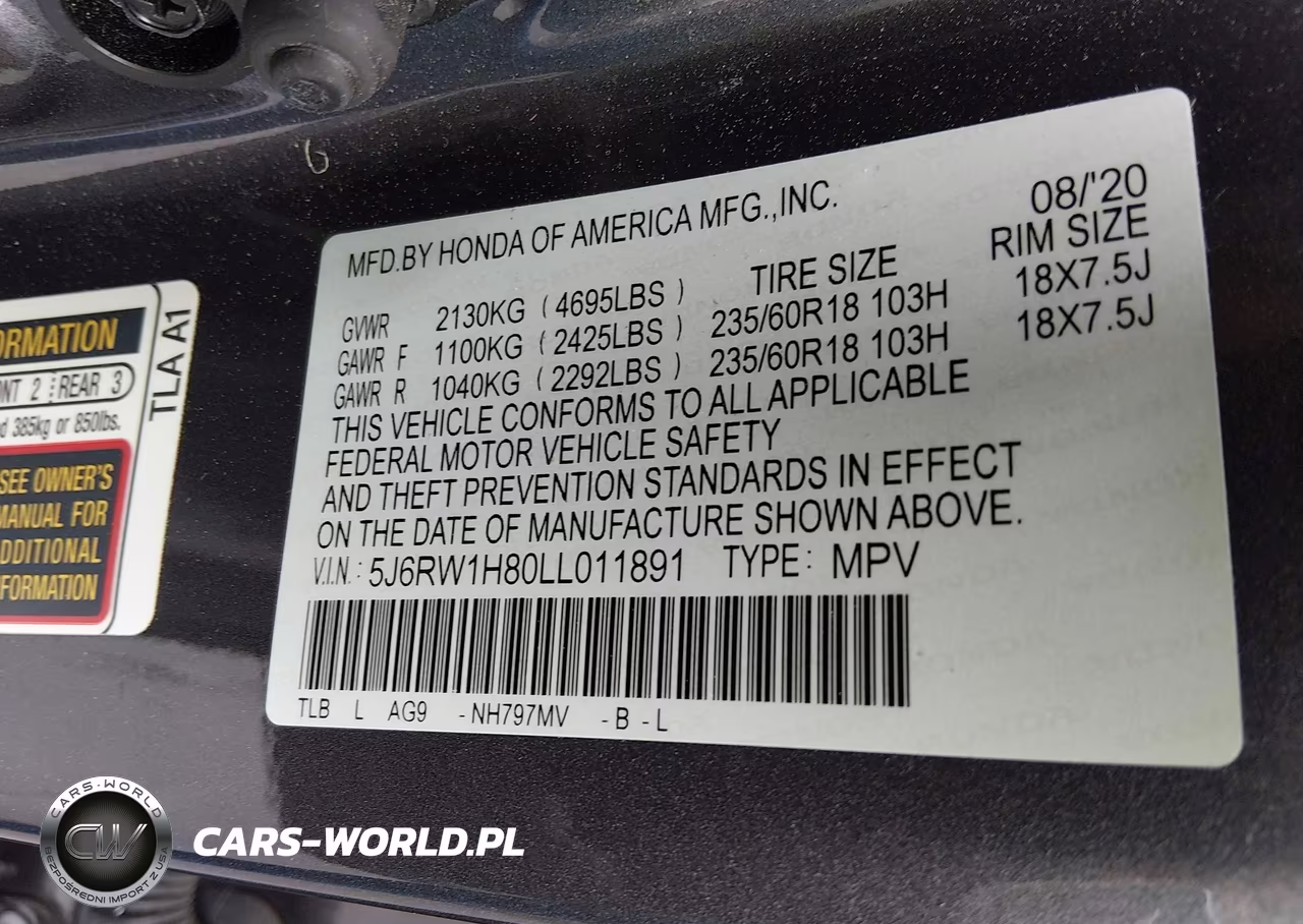 2020 Honda Cr-V 2Wd Ex-L VIN:5J6RW1H80LL011891 - 9