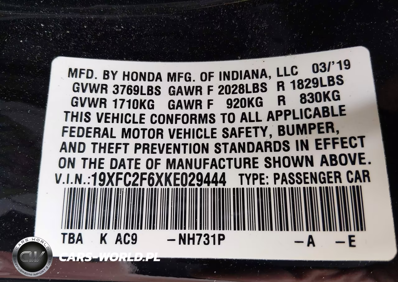 2019 Honda Civic Lx VIN:19XFC2F6XKE029444 - 9