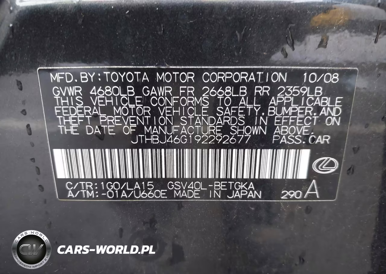2009 Lexus Es 350 VIN:JTHBJ46G192292677 - 9