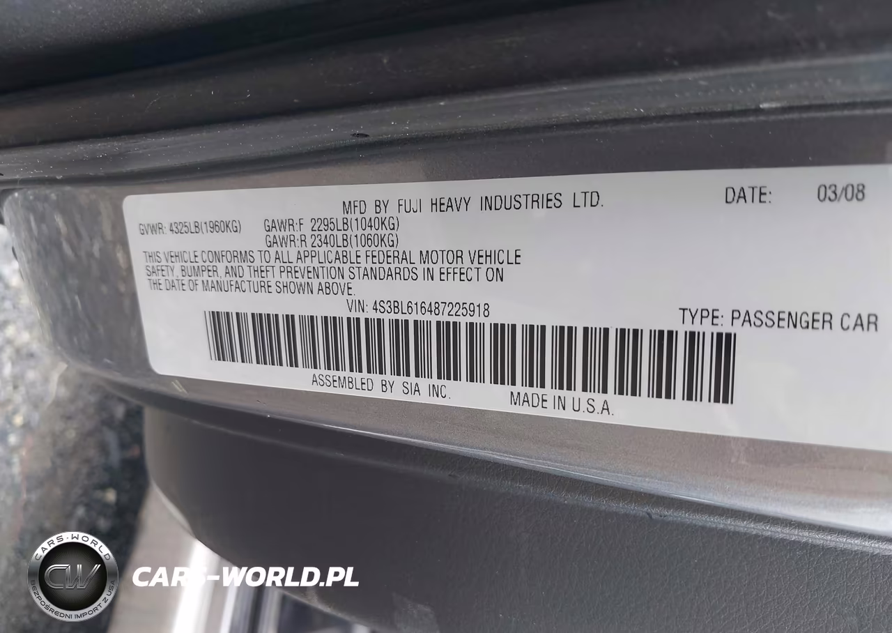SUBARU LEGACY 2.5 VIN:4S3BL616487225918 - 9