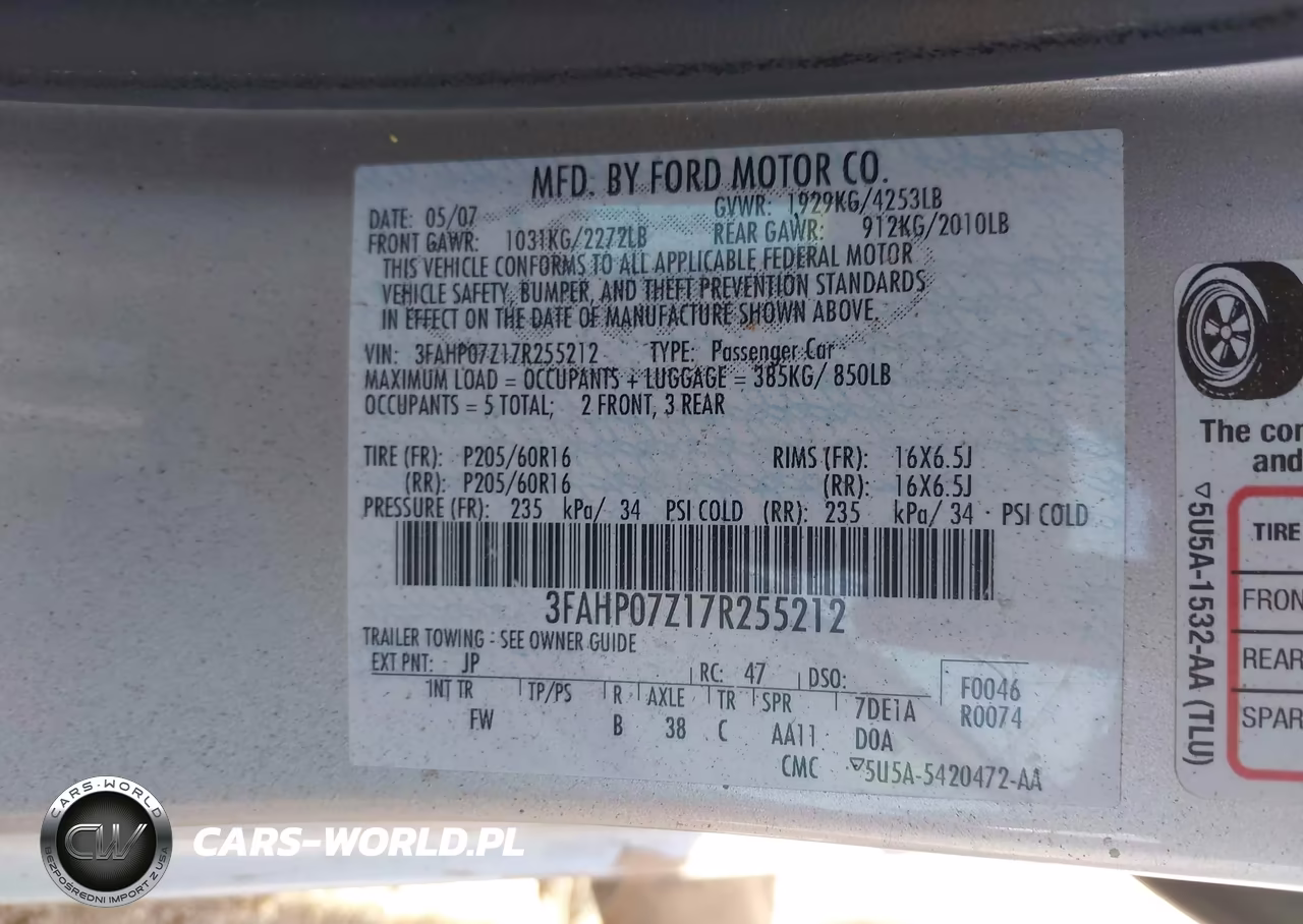 2007 Ford Fusion Se VIN:3FAHP07Z17R255212 - 9