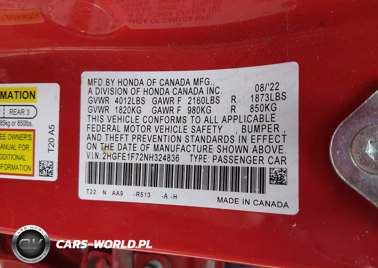2022 Honda Civic Ex VIN:2HGFE1F72NH324836 - 9