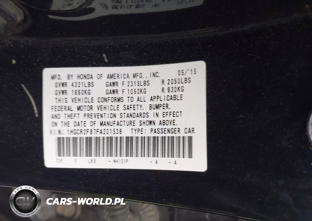 2015 Honda Accord Ex-L VIN:1HGCR2F87FA201538 - 9
