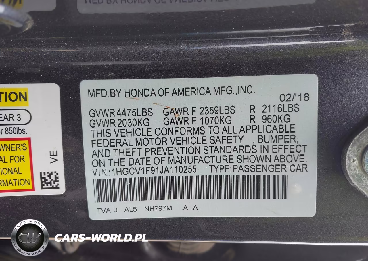 2018 Honda Accord Touring VIN:1HGCV1F91JA110255 - 9