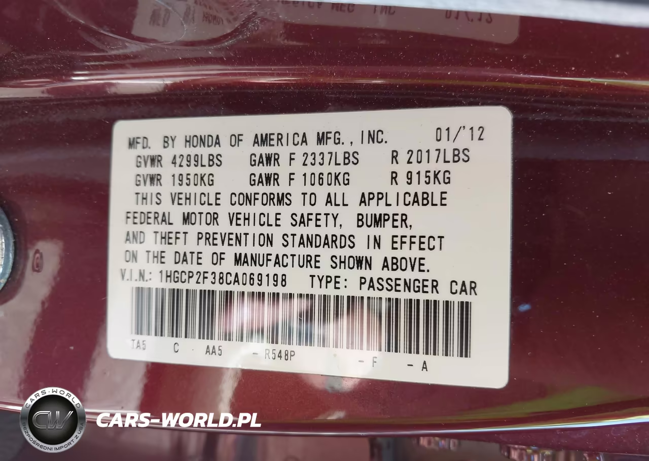 2012 Honda Accord 2.4 Lx VIN:1HGCP2F38CA069198 - 9
