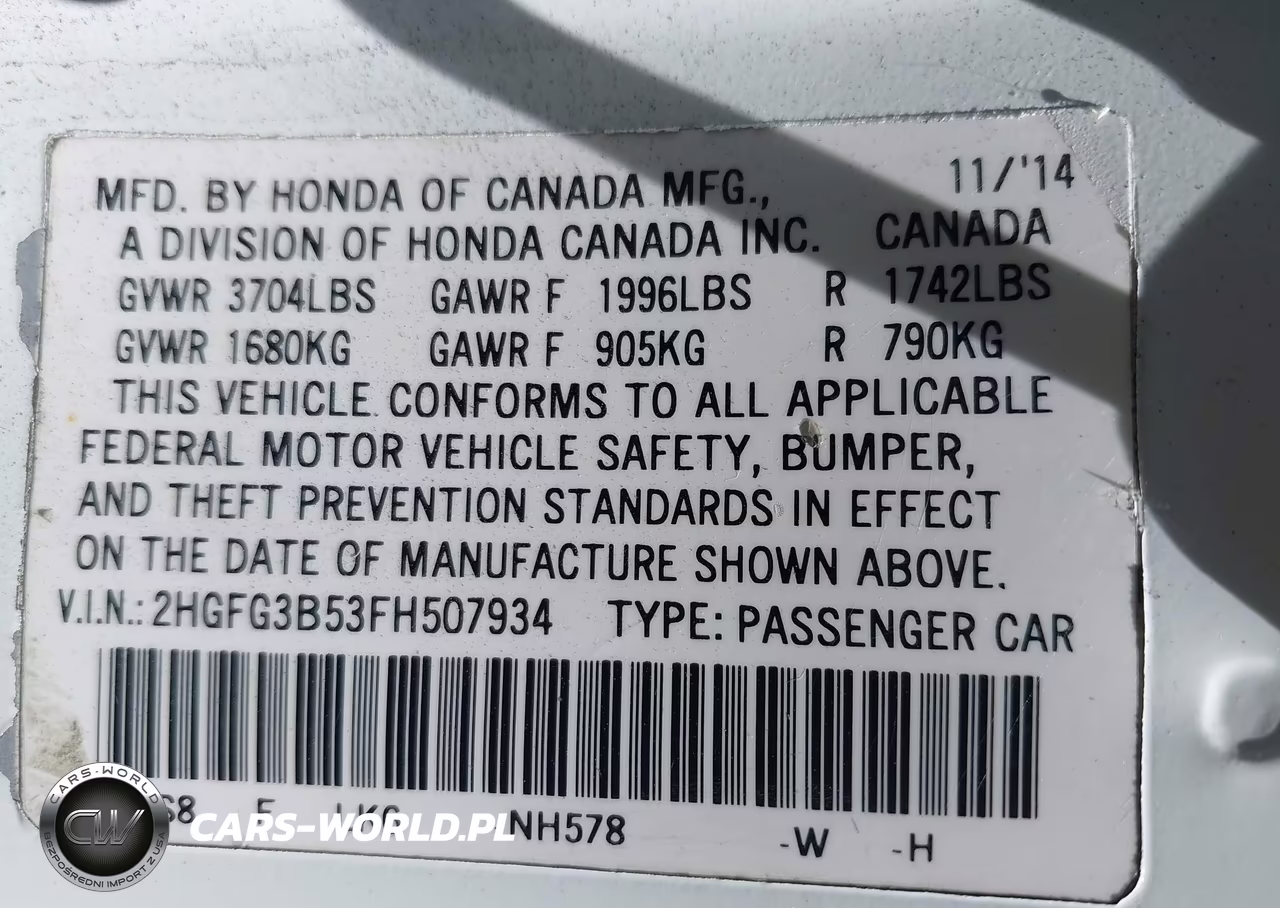 2015 Honda Civic Lx VIN:2HGFG3B53FH507934 - 9