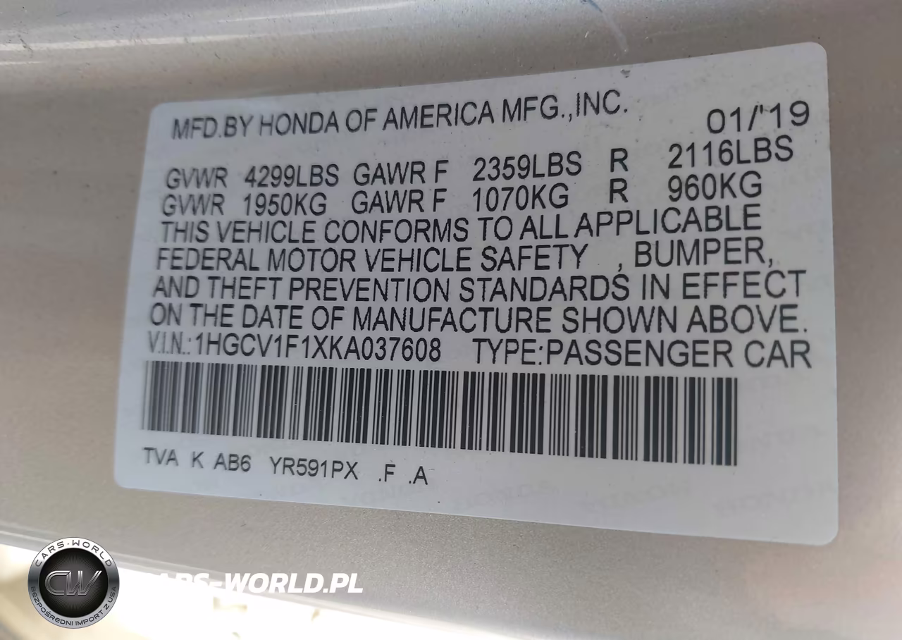 2019 Honda Accord Lx VIN:1HGCV1F1XKA037608 - 9