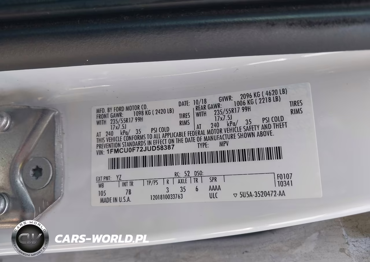 2018 Ford Escape S VIN:1FMCU0F72JUD58387 - 9