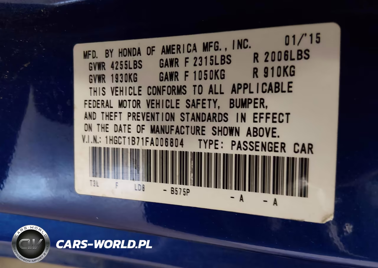 2015 Honda Accord Ex VIN:1HGCT1B71FA006804 - 9
