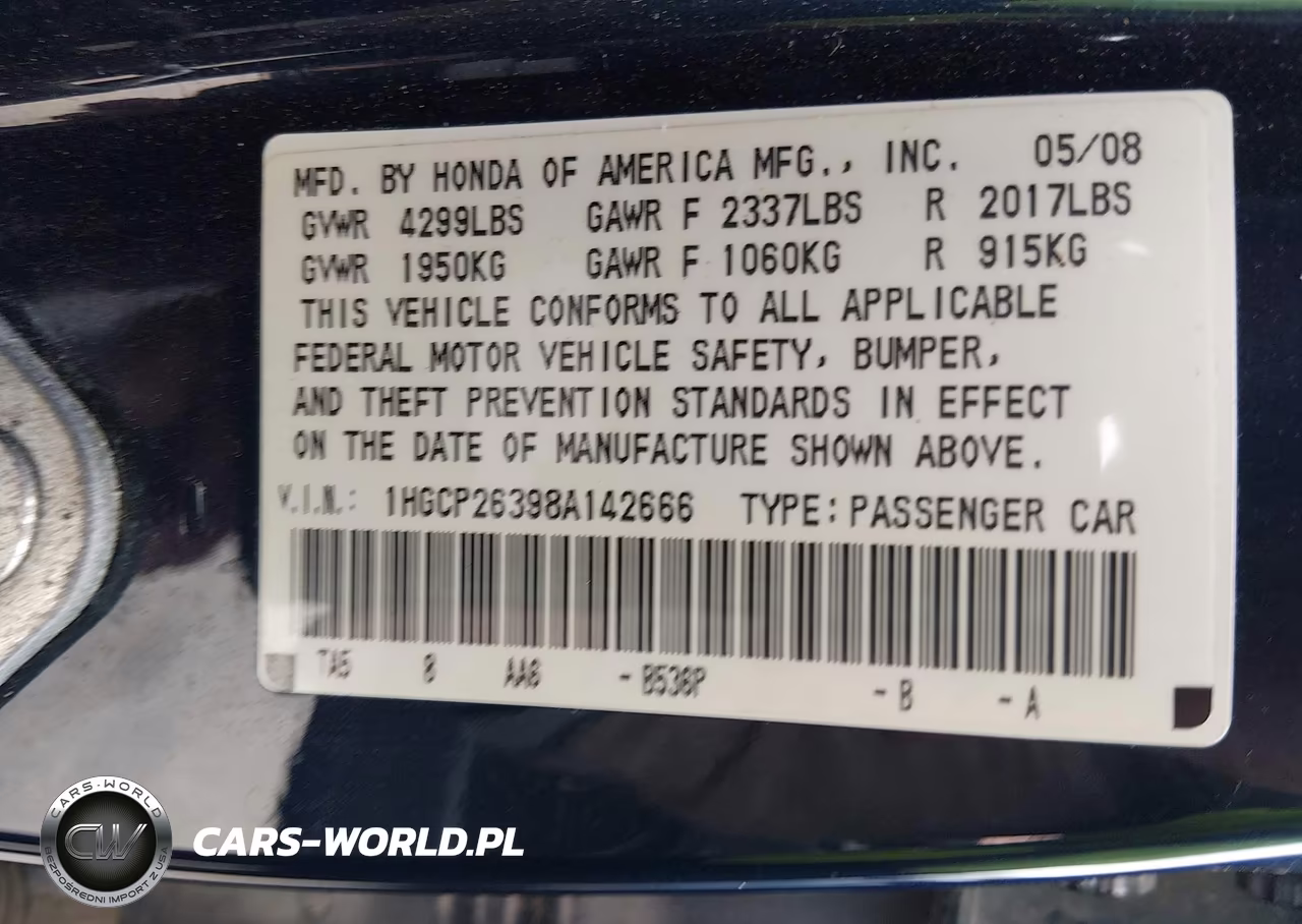 2008 Honda Accord 2.4 Lx VIN:1HGCP26398A142666 - 9