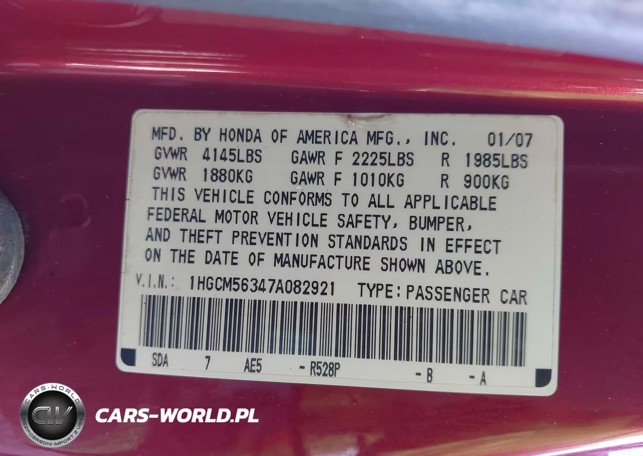2007 Honda Accord 2.4 Se VIN:1HGCM56347A082921 - 9