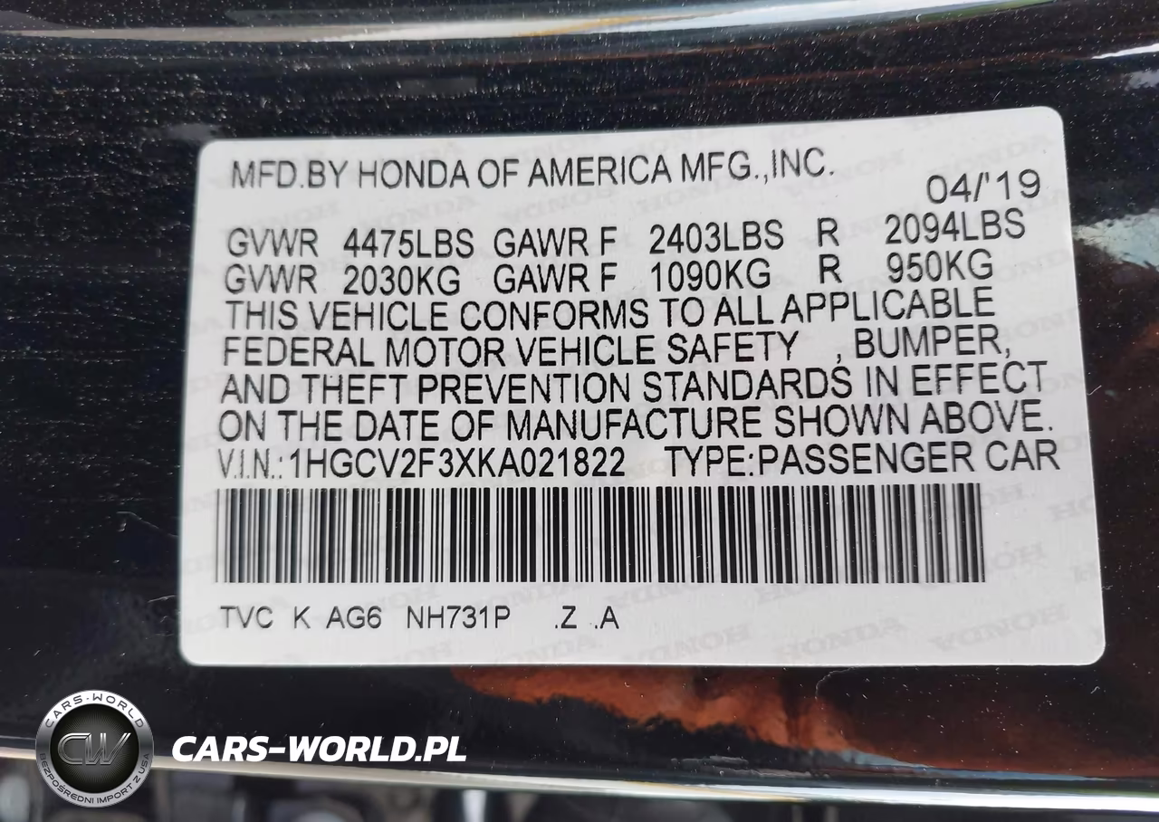 2019 Honda Accord Sport 2.0T VIN:1HGCV2F3XKA021822 - 9