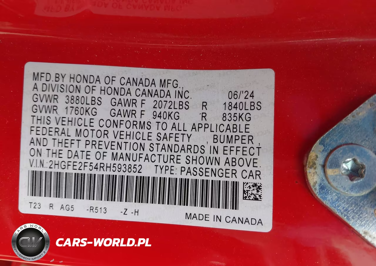 2024 Honda Civic Sport VIN:2HGFE2F54RH593852 - 9