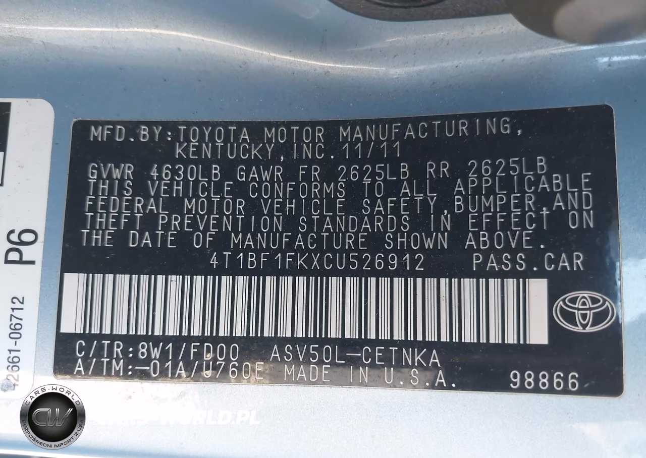 2012 Toyota Camry Le VIN:4T1BF1FKXCU526912 - 9