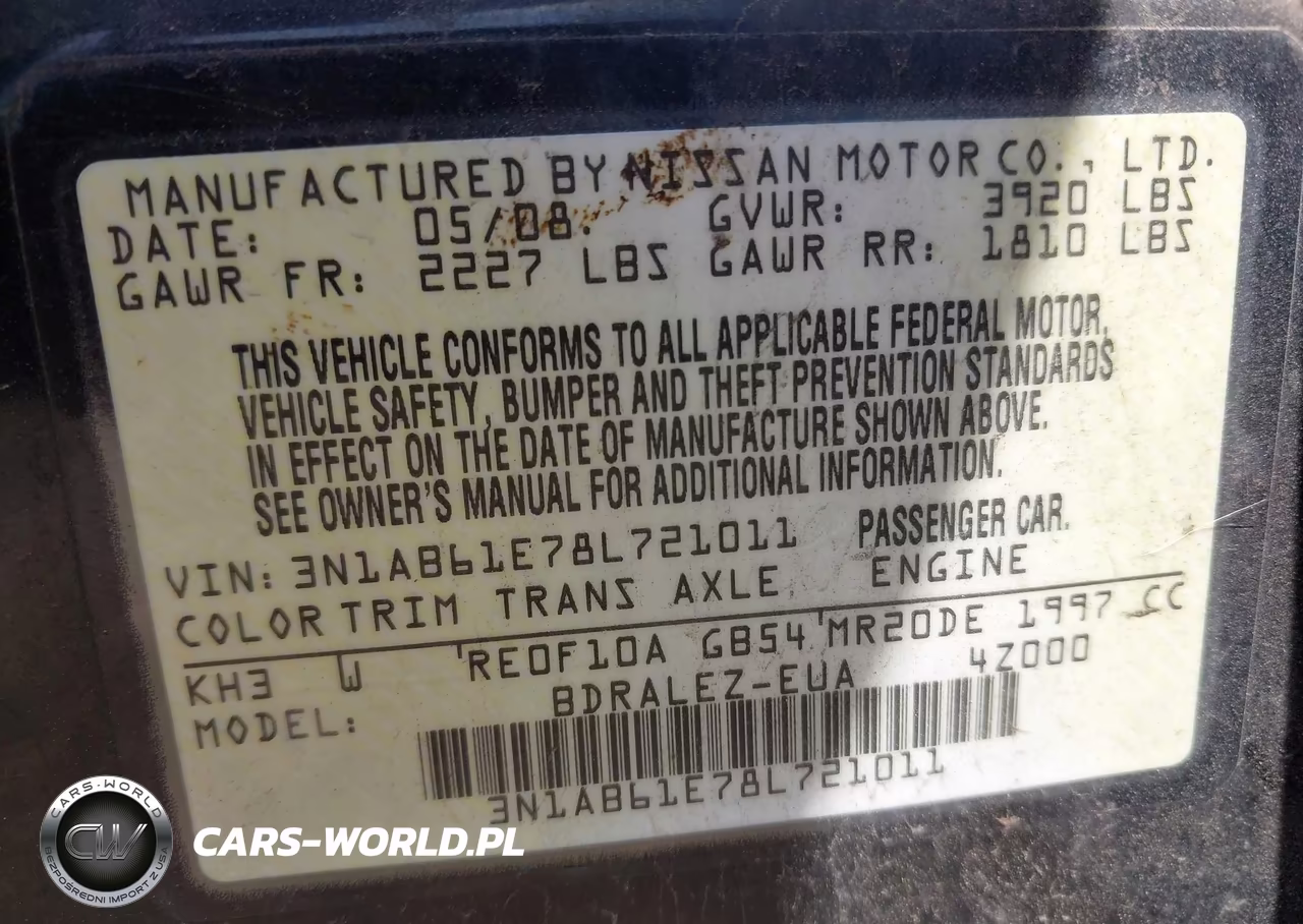 2008 Nissan Sentra 2.0S VIN:3N1AB61E78L721011 - 9