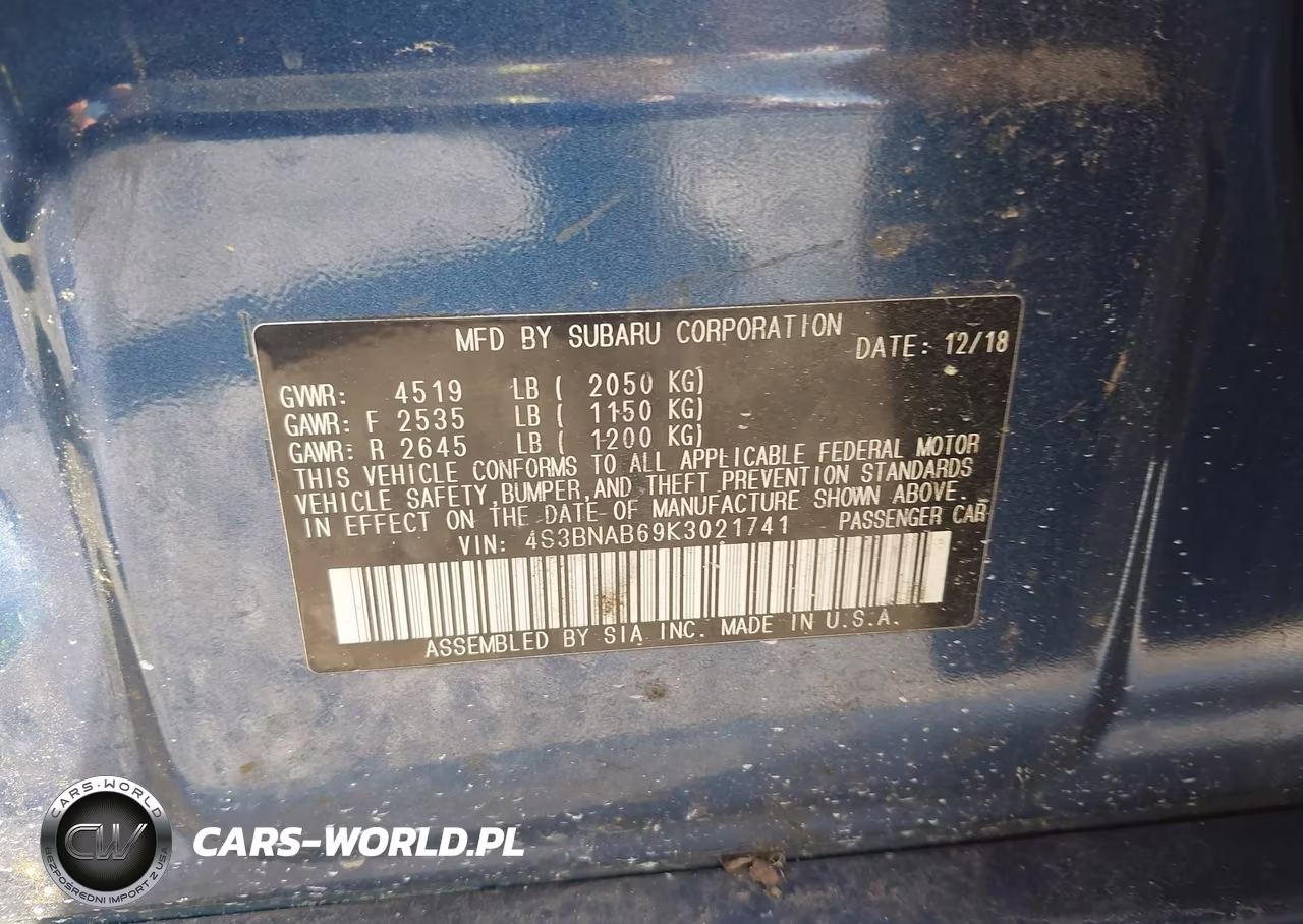 2019 Subaru Legacy 2.5I VIN:4S3BNAB69K3021741 - 9