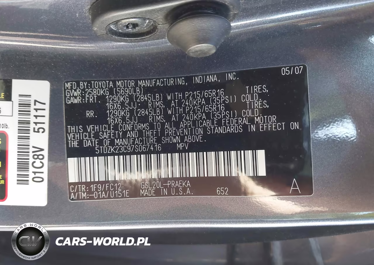 2007 Toyota Sienna Le VIN:5TDZK23C97S067416 - 9